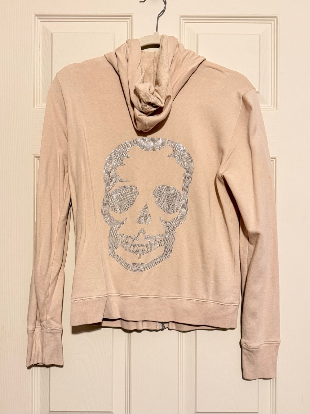 Zadig & Voltaire Comfy Skull Strass Rhinestone Full Zip Hoodie Tan Silver Small